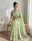 Pista Pure Organza Silk Crush Saree Designer Party Wear Saree With Turkish Work Embroidered Cutwork Border Wedding Festive Saree