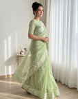 Pista Pure Organza Silk Crush Saree Designer Party Wear Saree With Turkish Work Embroidered Cutwork Border Wedding Festive Saree