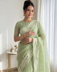 Pista Pure Organza Silk Crush Saree Designer Party Wear Saree With Turkish Work Embroidered Cutwork Border Wedding Festive Saree