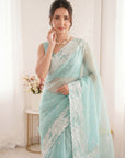 Sky Pure Organza Silk Crush Saree Designer Party Wear Saree With Turkish Work Embroidered Cutwork Border Wedding Festive Saree