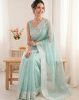 Sky Pure Organza Silk Crush Saree Designer Party Wear Saree With Turkish Work Embroidered Cutwork Border Wedding Festive Saree
