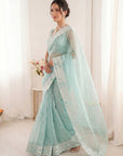 Sky Pure Organza Silk Crush Saree Designer Party Wear Saree With Turkish Work Embroidered Cutwork Border Wedding Festive Saree