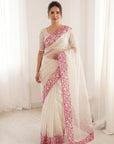 White Pure Organza Silk Crush Saree Designer Party Wear Saree With Turkish Work Embroidered Cutwork Border Wedding Festive Saree