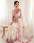White Pure Organza Silk Crush Saree Designer Party Wear Saree With Turkish Work Embroidered Cutwork Border Wedding Festive Saree