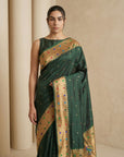 Bottle Green Soft Silk Paithani Meenakari Saree Tilak Zari Woven Motifs Temple Border Saree With Brocade Blouse