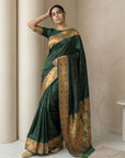 Bottle Green Soft Silk Paithani Meenakari Saree Tilak Zari Woven Motifs Temple Border Saree With Brocade Blouse