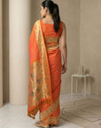 Orange Soft Silk Paithani Meenakari Saree Tilak Zari Woven Motifs Temple Border Saree With Brocade Blouse