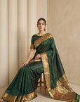 Bottle Green Soft Silk Paithani Meenakari Saree Tilak Zari Woven Motifs Temple Border Saree With Brocade Blouse