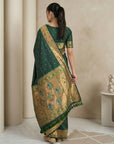 Bottle Green Soft Silk Paithani Meenakari Saree Tilak Zari Woven Motifs Temple Border Saree With Brocade Blouse