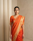 Orange Soft Silk Paithani Meenakari Saree Tilak Zari Woven Motifs Temple Border Saree With Brocade Blouse