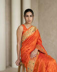 Orange Soft Silk Paithani Meenakari Saree Tilak Zari Woven Motifs Temple Border Saree With Brocade Blouse