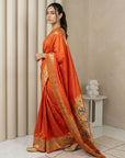 Orange Soft Silk Paithani Meenakari Saree Tilak Zari Woven Motifs Temple Border Saree With Brocade Blouse
