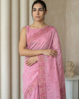 Pink Muga Cotton Saree with Resham Weaving  Meenakari Buttis, Pencil Art Pallu – Soft Summer Saree with Blouse Piece