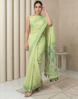 Pista Muga Cotton Saree with Resham Weaving  Meenakari Buttis, Pencil Art Pallu – Soft Summer Saree with Blouse Piece