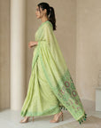Pista Muga Cotton Saree with Resham Weaving  Meenakari Buttis, Pencil Art Pallu – Soft Summer Saree with Blouse Piece