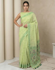 Pista Muga Cotton Saree with Resham Weaving  Meenakari Buttis, Pencil Art Pallu – Soft Summer Saree with Blouse Piece