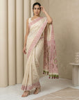 White Muga Cotton Saree with Resham Weaving  Meenakari Buttis, Pencil Art Pallu – Soft Summer Saree with Blouse Piece