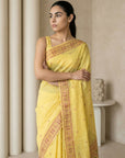 Yellow Muga Cotton Saree with Resham Weaving  Meenakari Buttis, Pencil Art Pallu – Soft Summer Saree with Blouse Piece