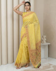 Yellow Muga Cotton Saree with Resham Weaving  Meenakari Buttis, Pencil Art Pallu – Soft Summer Saree with Blouse Piece