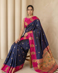 Navy Soft Silk Paithani Saree Meenakari Peacock Motifs Zari Woven Swan Pallu Saree With Brocade Blouse