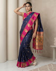 Navy Soft Silk Paithani Saree Meenakari Peacock Motifs Zari Woven Swan Pallu Saree With Brocade Blouse