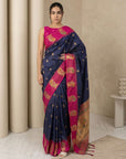 Navy Soft Silk Paithani Saree Meenakari Peacock Motifs Zari Woven Swan Pallu Saree With Brocade Blouse