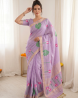 Lavender Premium Soft Linen Cotton Saree with Meenakari Lotus Pallu