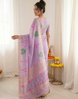 Lavender Premium Soft Linen Cotton Saree with Meenakari Lotus Pallu