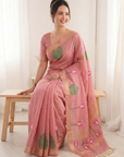 Pink Premium Soft Linen Cotton Saree with Meenakari Lotus Pallu
