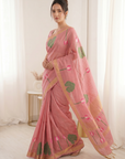 Pink Premium Soft Linen Cotton Saree with Meenakari Lotus Pallu