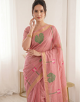 Pink Premium Soft Linen Cotton Saree with Meenakari Lotus Pallu