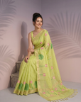 Pista Premium Soft Linen Cotton Saree with Meenakari Lotus Pallu