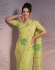 Pista Premium Soft Linen Cotton Saree with Meenakari Lotus Pallu
