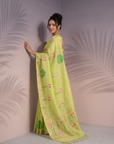 Pista Premium Soft Linen Cotton Saree with Meenakari Lotus Pallu