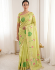 Pista Premium Soft Linen Cotton Saree with Meenakari Lotus Pallu