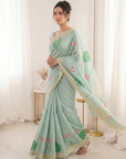 Sky Premium Soft Linen Cotton Saree with Meenakari Lotus Pallu