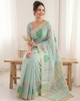 Sky Premium Soft Linen Cotton Saree with Meenakari Lotus Pallu