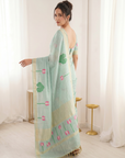 Sky Premium Soft Linen Cotton Saree with Meenakari Lotus Pallu