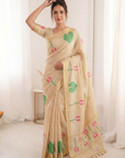 White Premium Soft Linen Cotton Saree with Meenakari Lotus Pallu