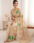 White Premium Soft Linen Cotton Saree with Meenakari Lotus Pallu
