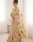 White Premium Soft Linen Cotton Saree with Meenakari Lotus Pallu