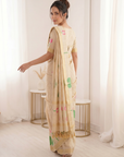 White Premium Soft Linen Cotton Saree with Meenakari Lotus Pallu