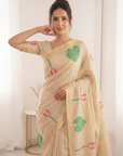 White Premium Soft Linen Cotton Saree with Meenakari Lotus Pallu