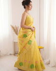 Yellow Premium Soft Linen Cotton Saree with Meenakari Lotus Pallu