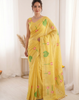 Yellow Premium Soft Linen Cotton Saree with Meenakari Lotus Pallu