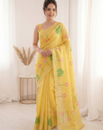 Yellow Premium Soft Linen Cotton Saree with Meenakari Lotus Pallu