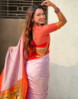 Traditional Paithani Silk Saree with Zari Woven Motifs And Meenakari Peacock Pallu