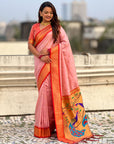 Traditional Paithani Silk Saree with Zari Woven Motifs And Meenakari Peacock Pallu