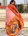 Traditional Paithani Silk Saree with Zari Woven Motifs And Meenakari Peacock Pallu