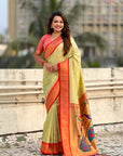 Traditional Paithani Silk Saree with Zari Woven Motifs And Meenakari Peacock Pallu